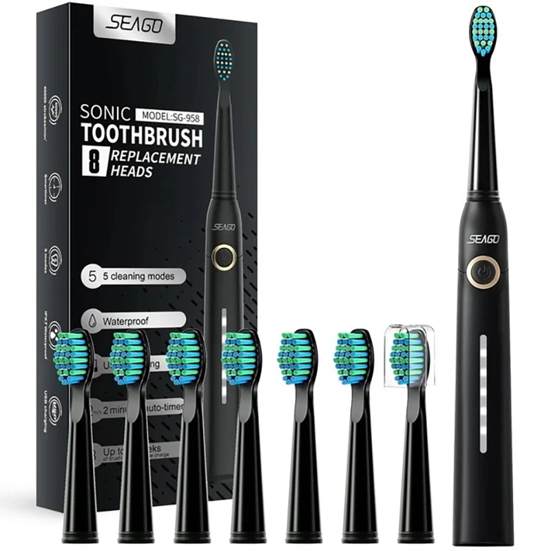 

SEAGO Couple Rechargeable Electric Toothbrush Sonic Tooth Brush Travel Box Ultrasonic Replace 8 Brush Heads