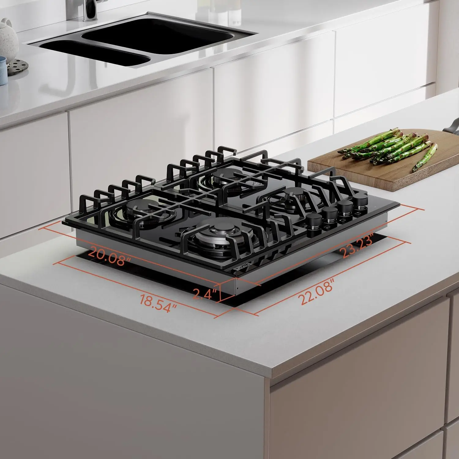 24 in. Gas Stove Cooktop with 4 Sealed Burners-Heavy Duty Continuous Grates-NG/LPG Convertible-Black Tempered Glass Surfa