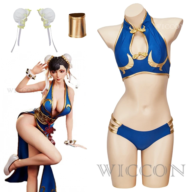 

Chun Li Cosplay Costumes Blue Sexy Bikini Suit Game Uniform Swimsuit Headwear Female Halloween Party Outfit