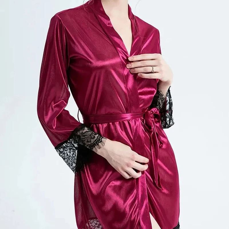 Women's Lace Patchwork Bathrobe Pajamas Women's Soft and Comfortable Solid Color V-Neck Bathrobe Pajamas