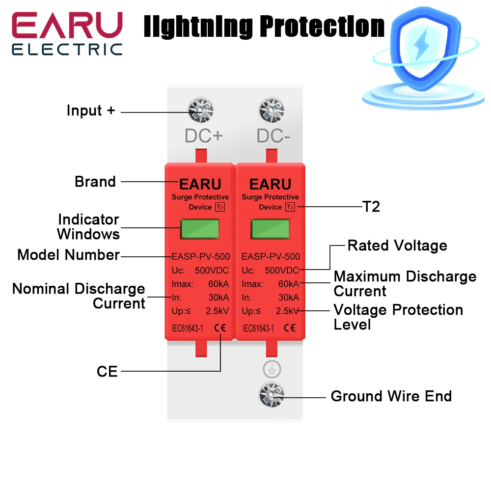 SPD 2P 3P DC 500V 800V 1000V 20KA~40KA 30KA~60KA House Lightning Surge Protector surge protector voltage protector over voltage protector Protective Low-voltage Arrester Device PV Solar