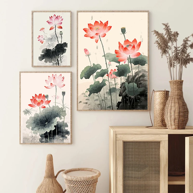 Vintage Traditonal Chinese Style Lotus Flower Pond Moonlight Landscape Art Poster Canvas Painting Wall Prints Picture Home Decor 2