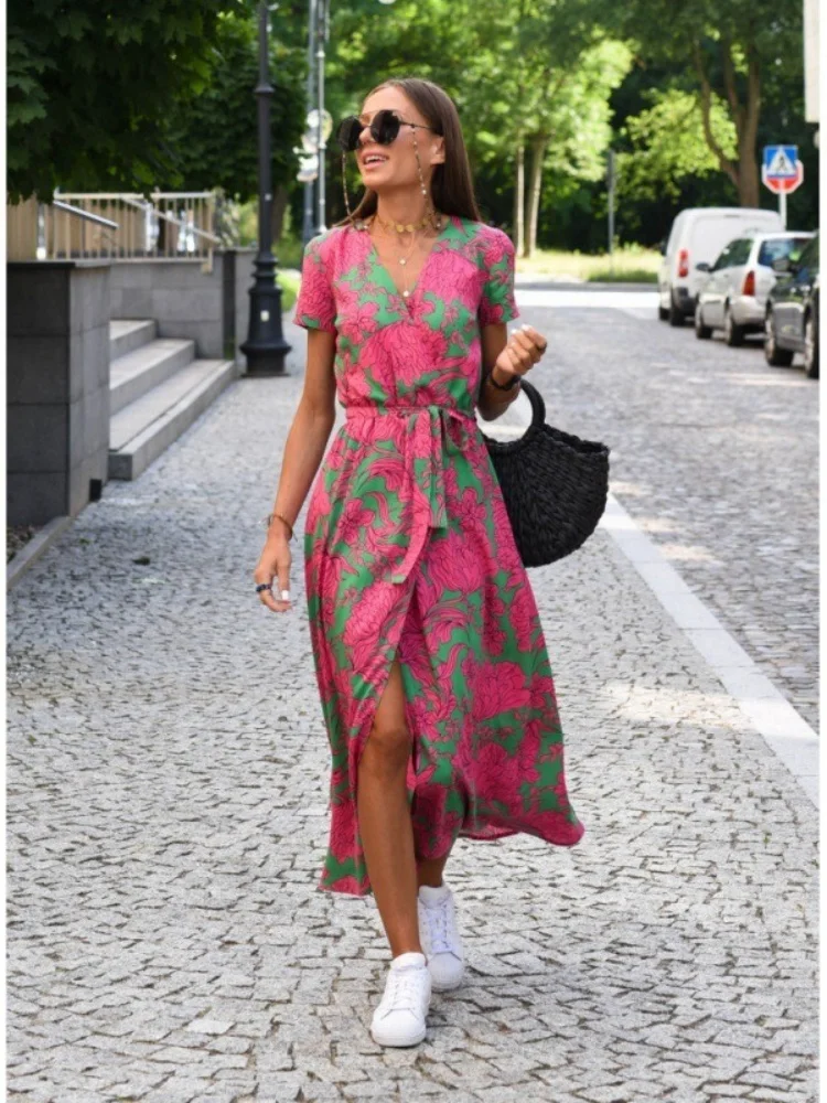 Wmstar Dress Women Wholesale Printed Summer Cross Border V Neck Midi Length Women's Clothing New in Summer Drop Shop[ping