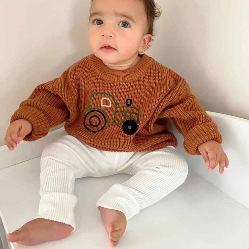 Kids Sweaters Winter Knitted Clothing Truck Embroidery Long Sleeve Baby Pullover Top Knitwear