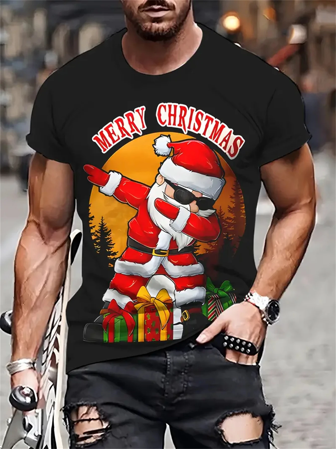 Mens Vestuário Natal Papai Noel Gráfico T Camisas de Manga
