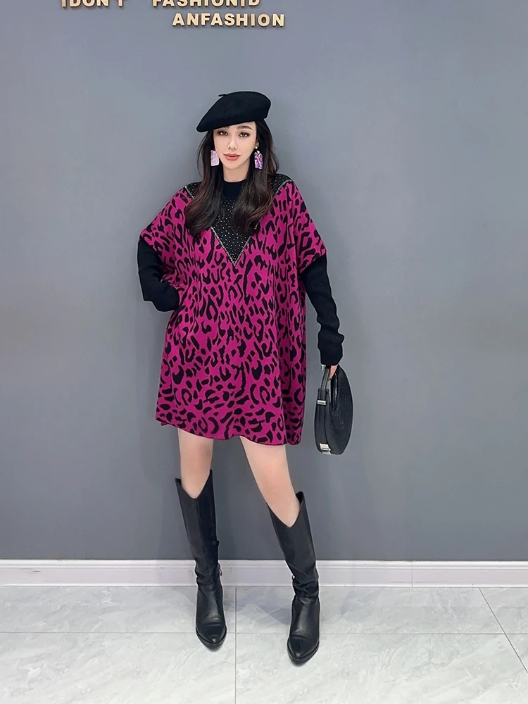 

2023 winter new women's sweater long-sleeved pullover bat-type loose splicing leopard print warm trend top large size wear