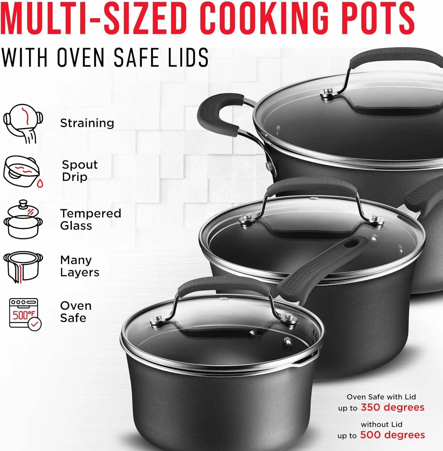 Set &ndash; 23 Piece &ndash;Black Multi-Sized Cooking Pots with Lids, Skillet Fry Pans and Bakeware &ndash; Reinforced Pressed Aluminum Metal