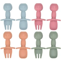 2pcs/Set Food Grade Children Silicone Spoon Fork Cutlery Baby Training Complementary Food Spoon Baby Feeding cartoon Spoon&Fork 1