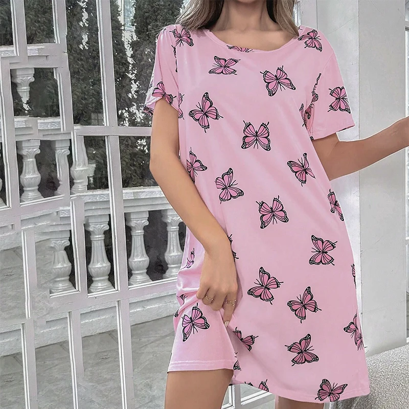 Women's Nightdress Summer Short Sleeve Sleep Shirt Round Neck T-shirt Dress Soft Nightgowns Home Clothes Sleepwear & Loungewear women nightgowns women nightdresses sleeping dress