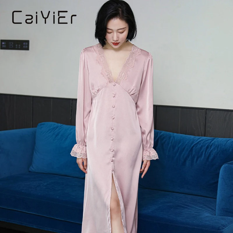 

CAIYIER Silk Lace Long Nightdress Lingerie Solid Color Nightgowns Spring Winter Vintage Sleepshirts V-Neck Dresses Loungewear