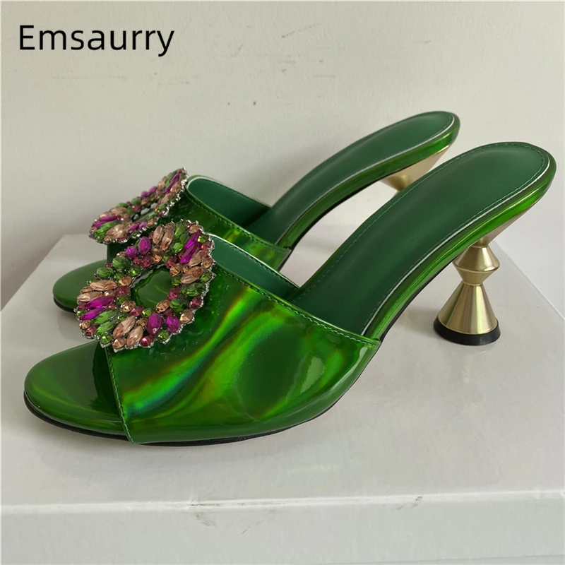 

Colorful Diamond Buckle Embellished Sandals Women Metal Strange Heel Luxury Patent Leather Slingbacks Mules Summer