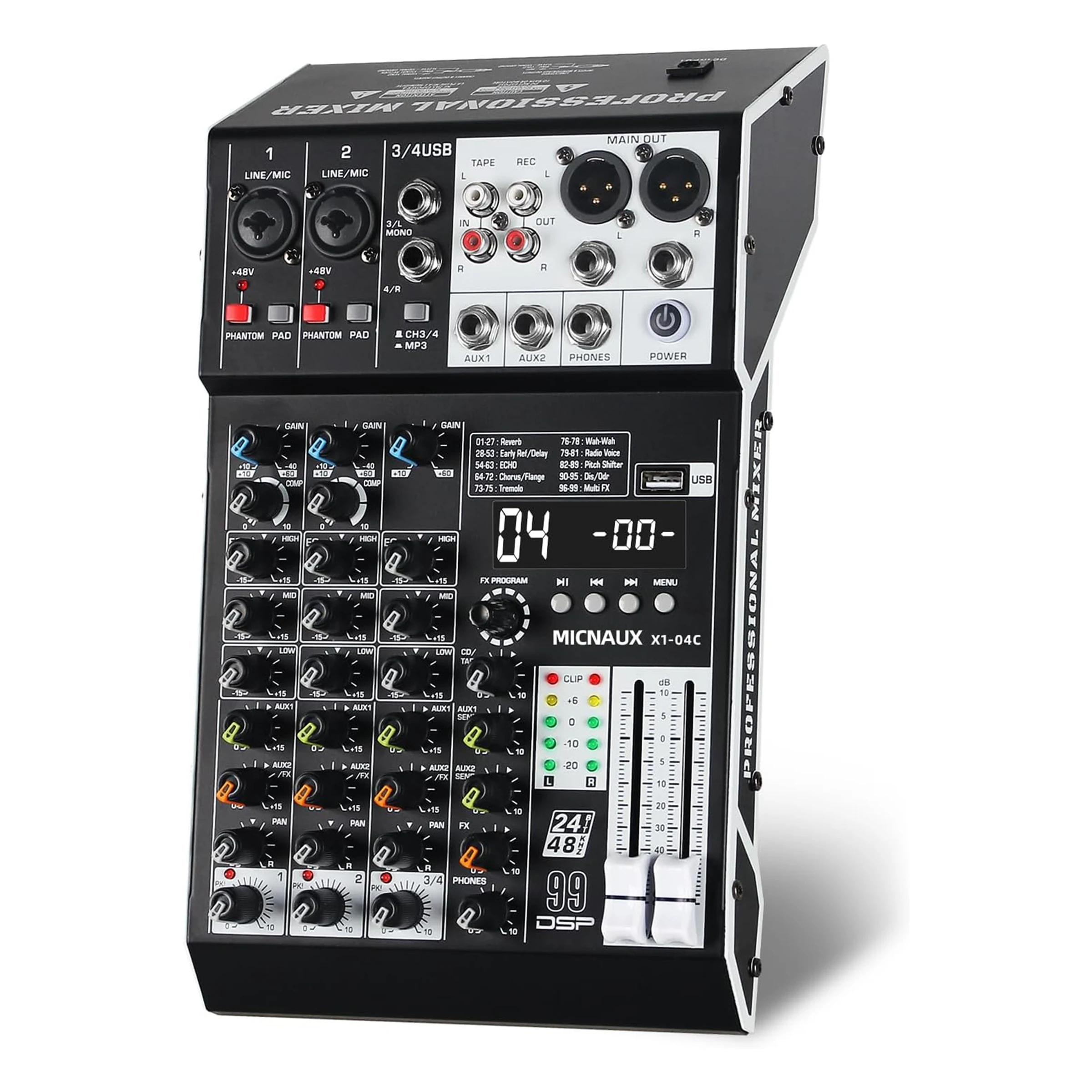 FULODE 4채널 전문 오디오 믹서(99DSP 효과 포함) 블루투스 5.0 USB 마이크용 믹싱 보드 악기 XLR 입력