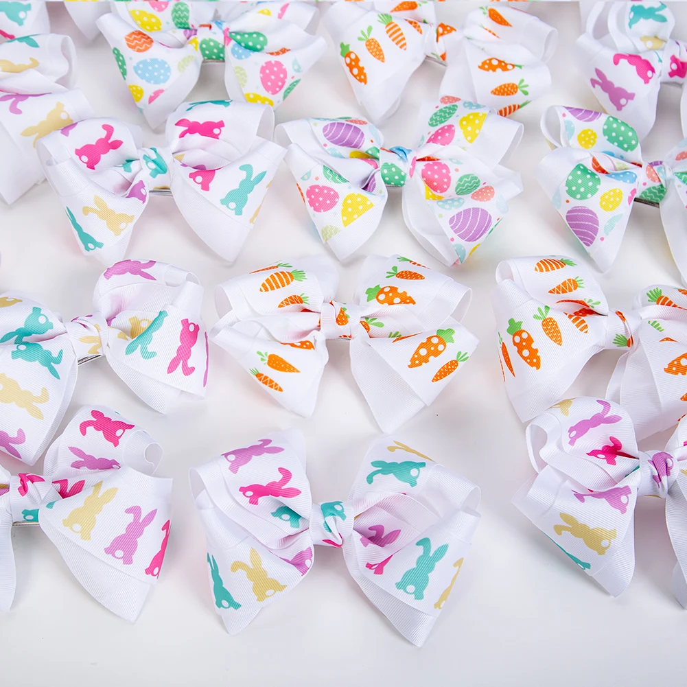 6 인치 대형 활 부활절 날 헤어 클립 귀여운 계란 토끼 Carroot 인쇄 Grosgrain 리본 Hairbows 머리핀 어린이 파티 모자를 쓰고 있죠