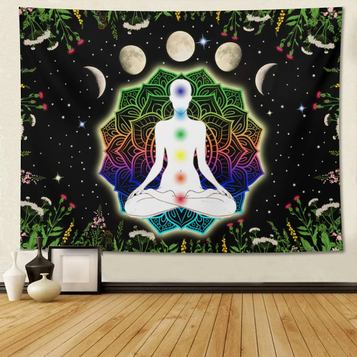 Arazzo da appendere alla parete sette chakra meditazione yoga mandala chakra astratto colore stampato arazzo per spiaggia camera da letto soggiorno decorazione casa 150 x 230 cm_E