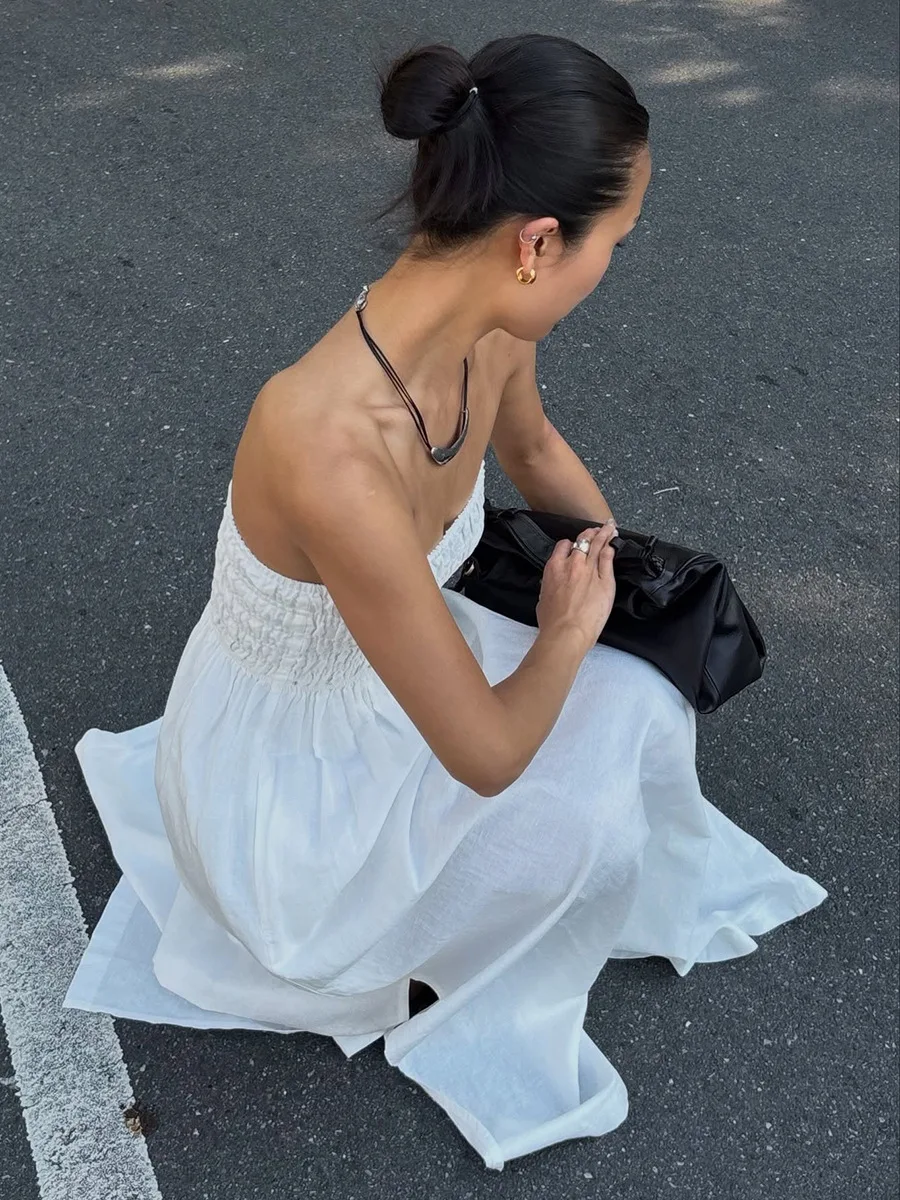 Bornladies Women's 2026 Summer New Strapless Dress Lightweight Vacation Off-Shoulder Ruched High-Waist Loose Maxi Dress