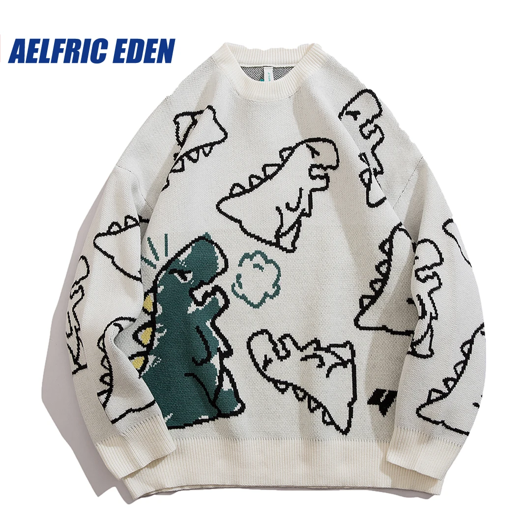 Aelfric Eden Dinosaur Cartoon Pattern Knit Sweater Retro Hip Hop