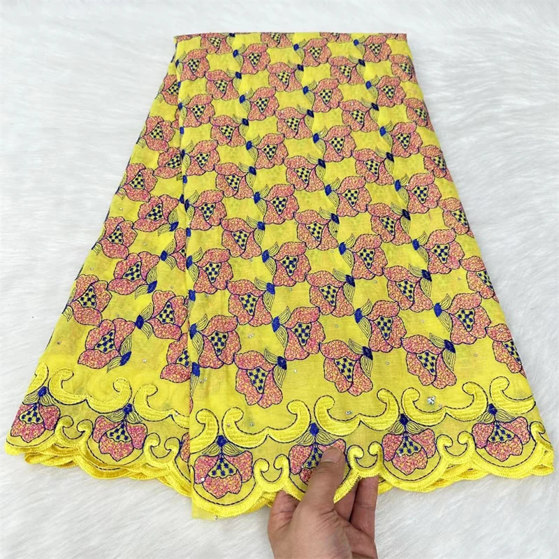 

Yellow Swiss Voile Lace Fabric Nigerian Embroidery Cotton Lace Fabric with Stones 5Yards Africa Woman Daily Dress Material Cloth