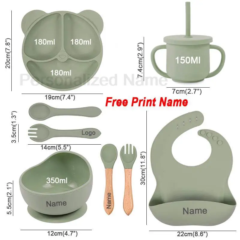 Silicone Tableware For Kids Baby Feeding Set Cartoon Plate Personalized Name Sucker Cup Plate Bowl Bib Newborn Gift 8Pcs/5Pcs