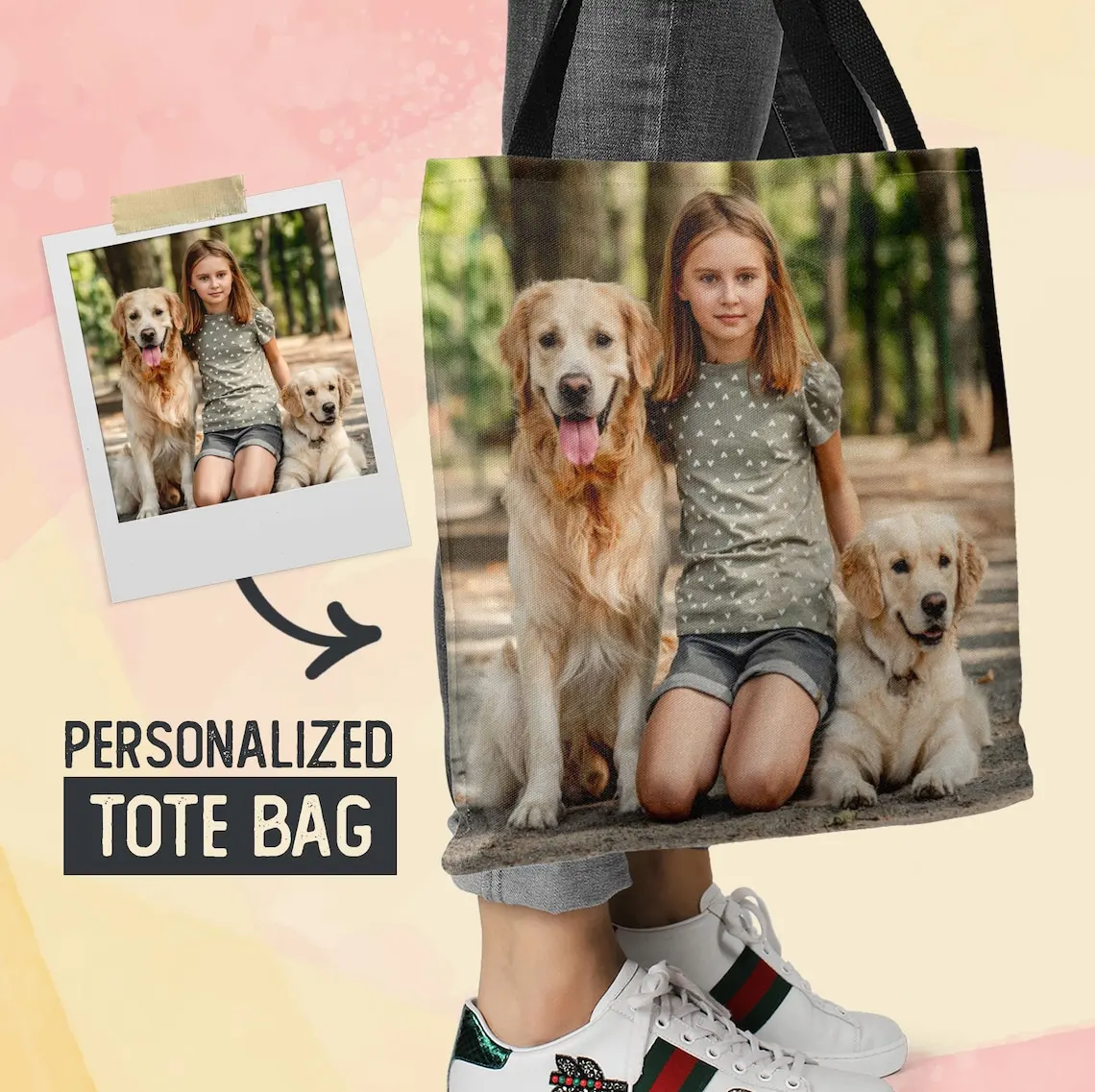 Personalized Canvas Zip Tote Bag with Pet Portrait