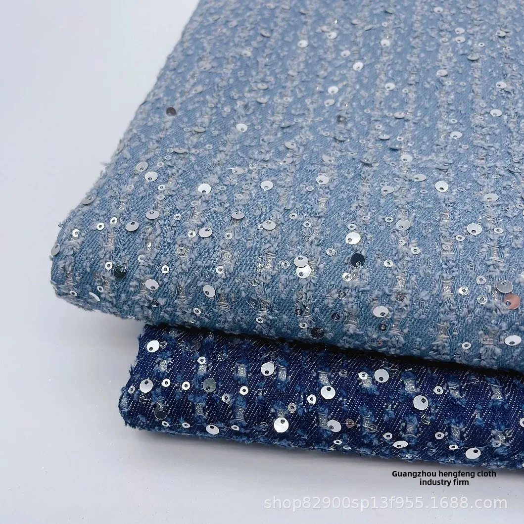 Thick Washed Embroidered Sequin Denim Fabric for Designer Clothes Bags Jackets Skirts And Shoes Customizable Clothing Materials