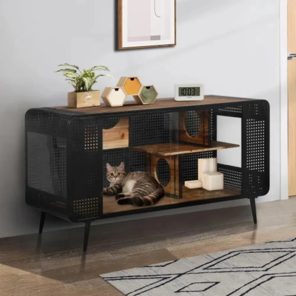 Spacious Cat Cage Houses With Tempered Glass Indoor Cat Furniture internal shelf For Living Rooms, Hallways, Dens