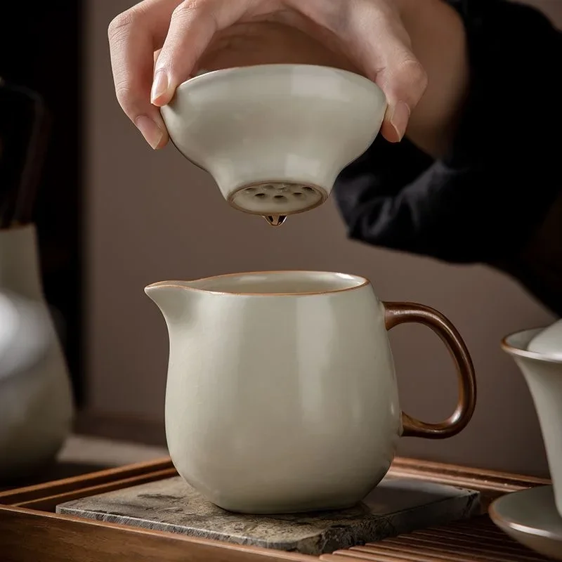 Rice Yellow Ru Kiln Tea Set with Tea Pot, Lid, Bowl and Cup in Light Luxury Style for Home Use