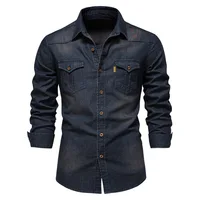 Chemise en denim en coton élastique pour hommes, manches longues, poche pour documents, chemises monochromes pour hommes, coupe couvertes décontractée, vêtements de créateurs, haute qualité 6