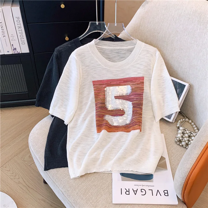 

Женская трикотажная футболка с блестками, Повседневная Свободная футболка большого размера с круглым вырезом и коротким рукавом, в Корейском стиле, лето 2024