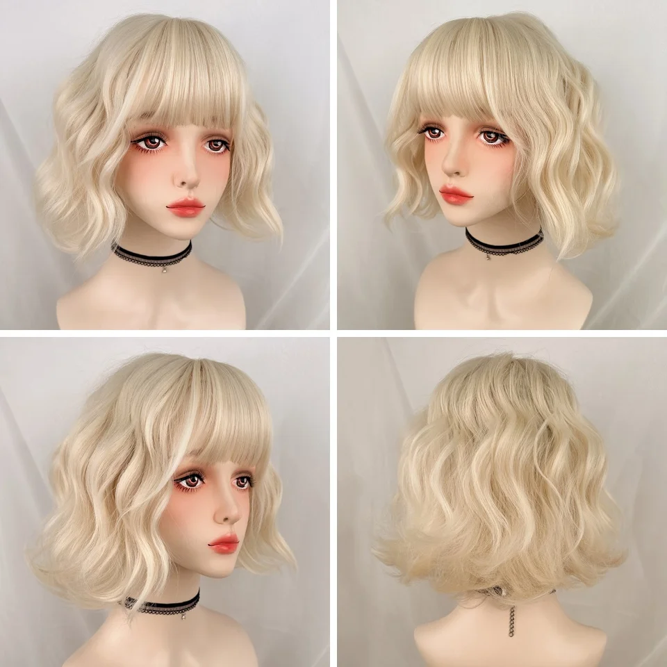 Blonde Curly Bob Synthetic Wig for Women Daily Party Cosplay