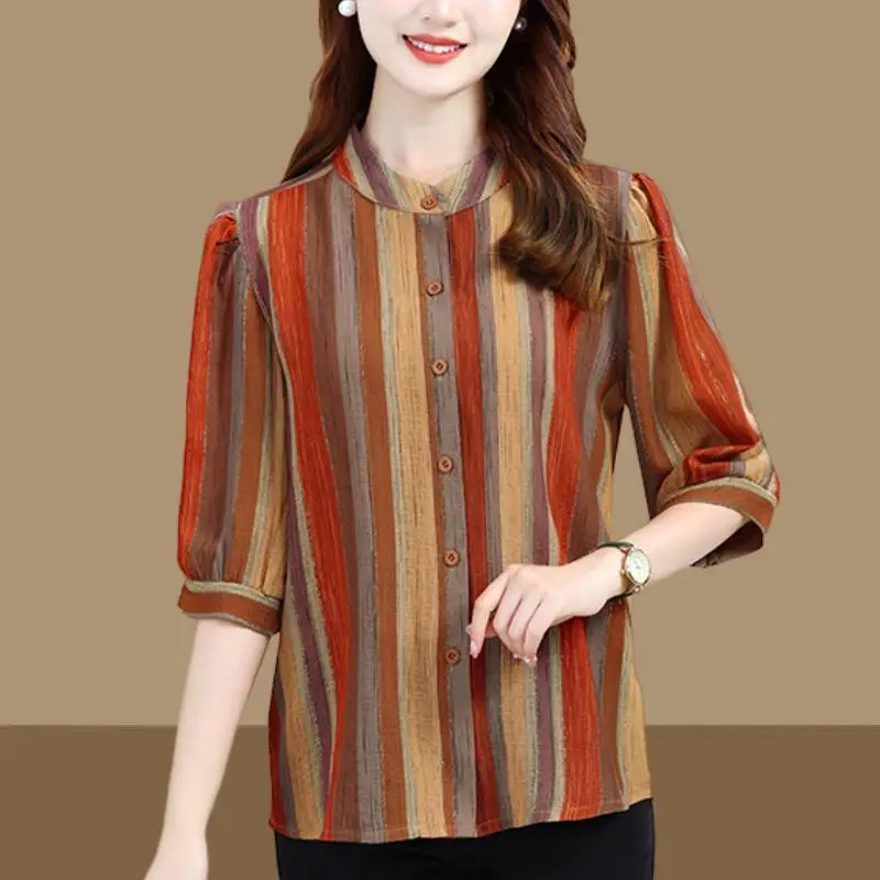 

Women's Clothing Round Neck Summer Button Striped Contrast Color Cardigan Lantern Half Sleeve Shirt Office Lady All-match Tops