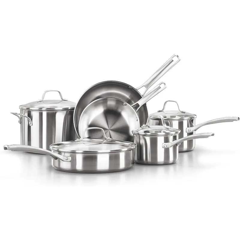 

10-Piece Pots and Pans Set, Stainless Steel Kitchen Cookware with Stay-Cool Handles and Pour Spouts, Dishwasher Safe, Silver