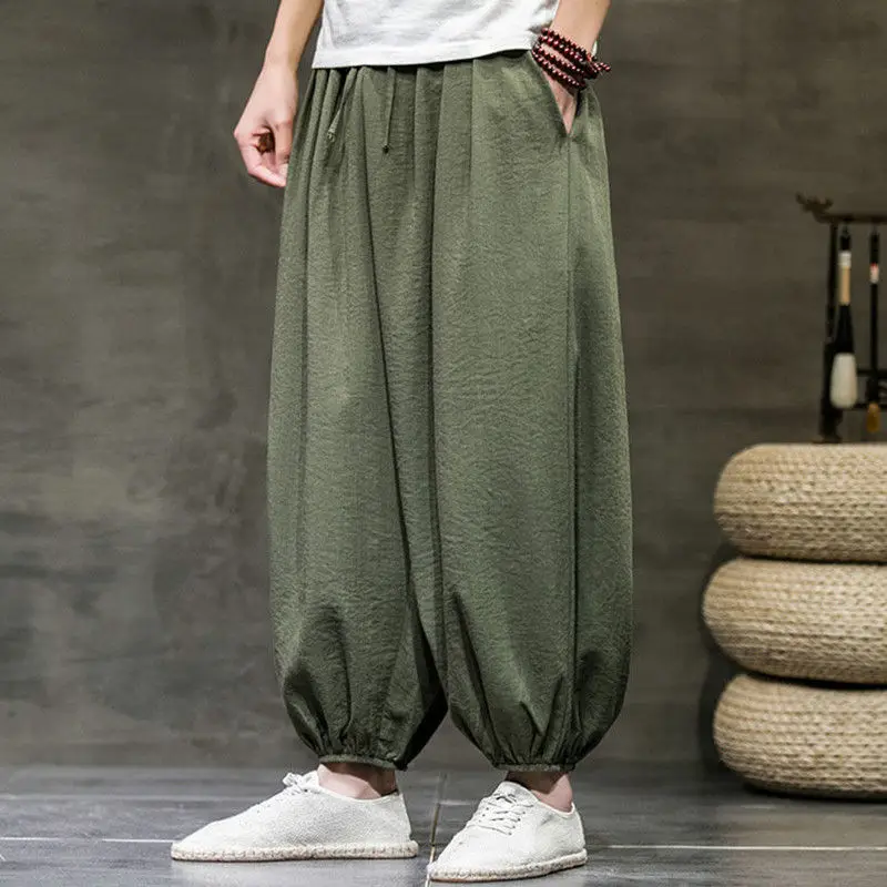 Summer Solid Color Fashion Elastic Waist Lantern Pants Man High Street Cotton Hemp Pockets Patchwork Loose Comfortable Trousers