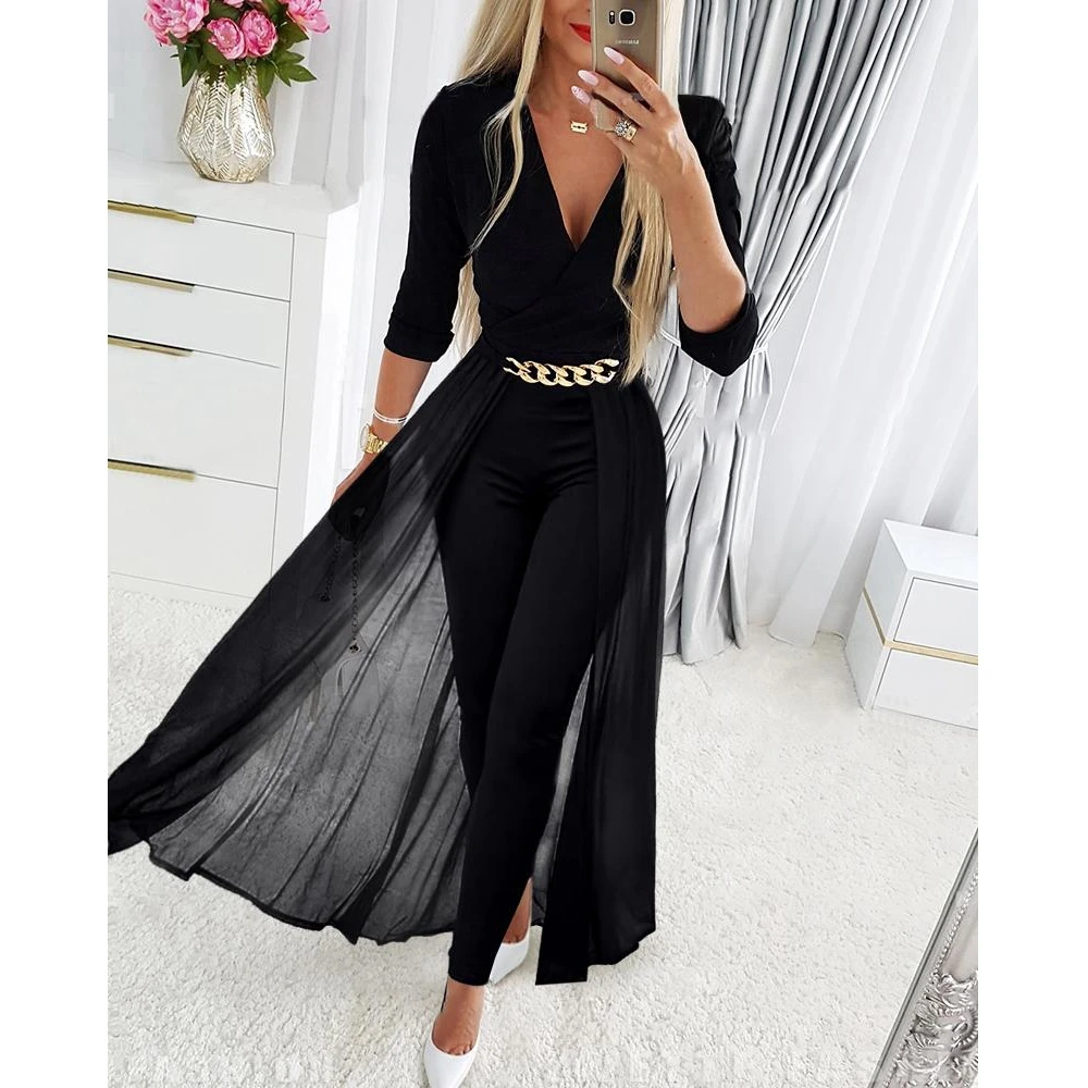 Women Chain Decor Sheer Mesh Overlay Long Sleeve Jumpsuit Fashion Femme 2022 Elegant Lady Skinny V Neck Jumpsuit Streetwear new solid color wedding bridal gauze shawl with bowknot clip mesh shrug bolero lady elegant wedding bridal gauze shawl wedding