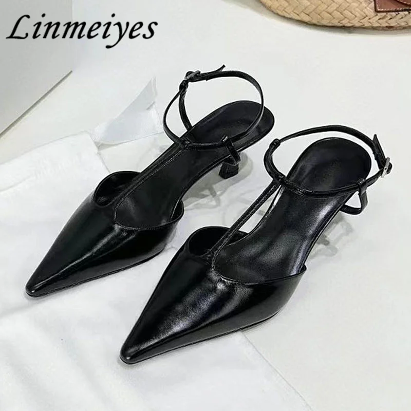 

New Kitten Heels Woman Pumps Pointed Toe T-tied Slingbacks Party Shoes Woman Genuine Leather Runway Shoes Summer Sandals Woman