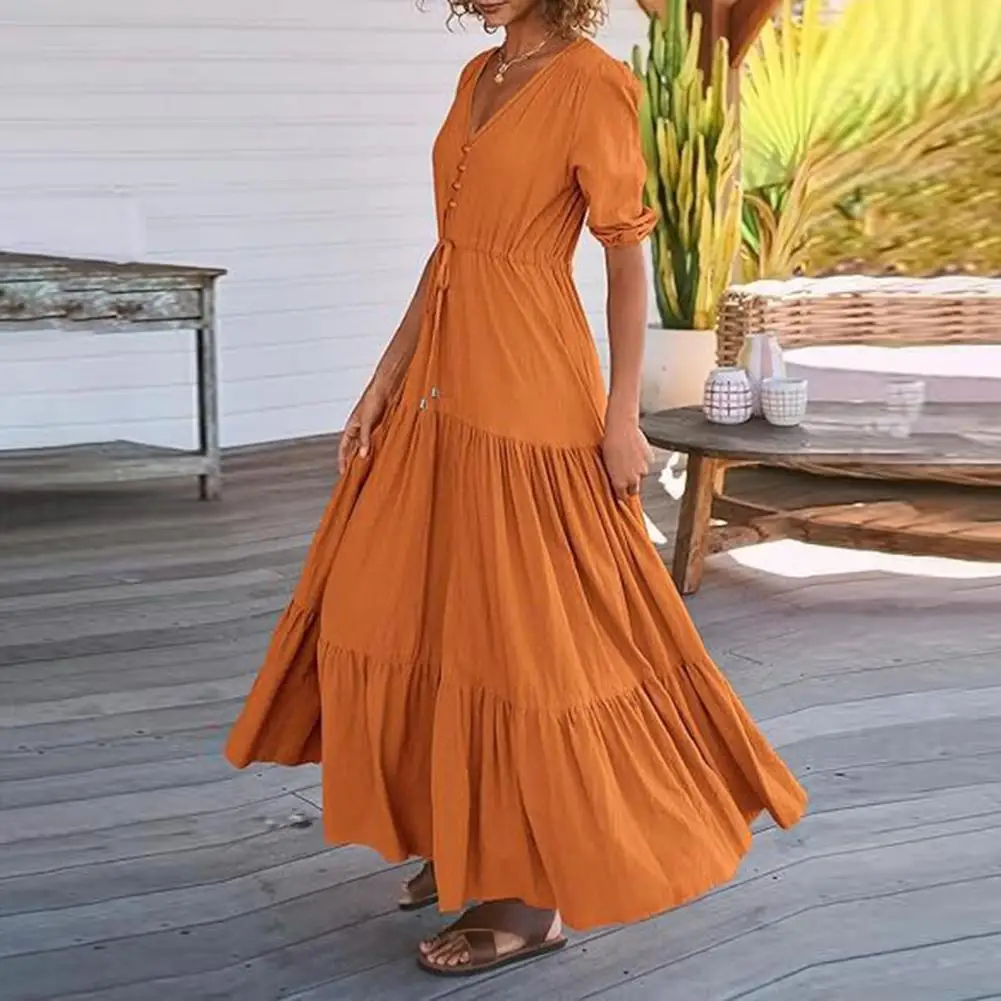 

Pleated Dress Elegant A-line Maxi Dress with Pleated Detailing V Neckline Drawstring Waist for Summer Vacation or Beach Getaways