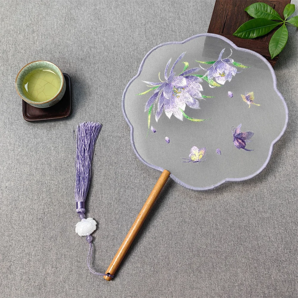 Flower Embroidered Wooden Handle Fan for Dance Wedding Hanfu hand fan,wooden hand fan