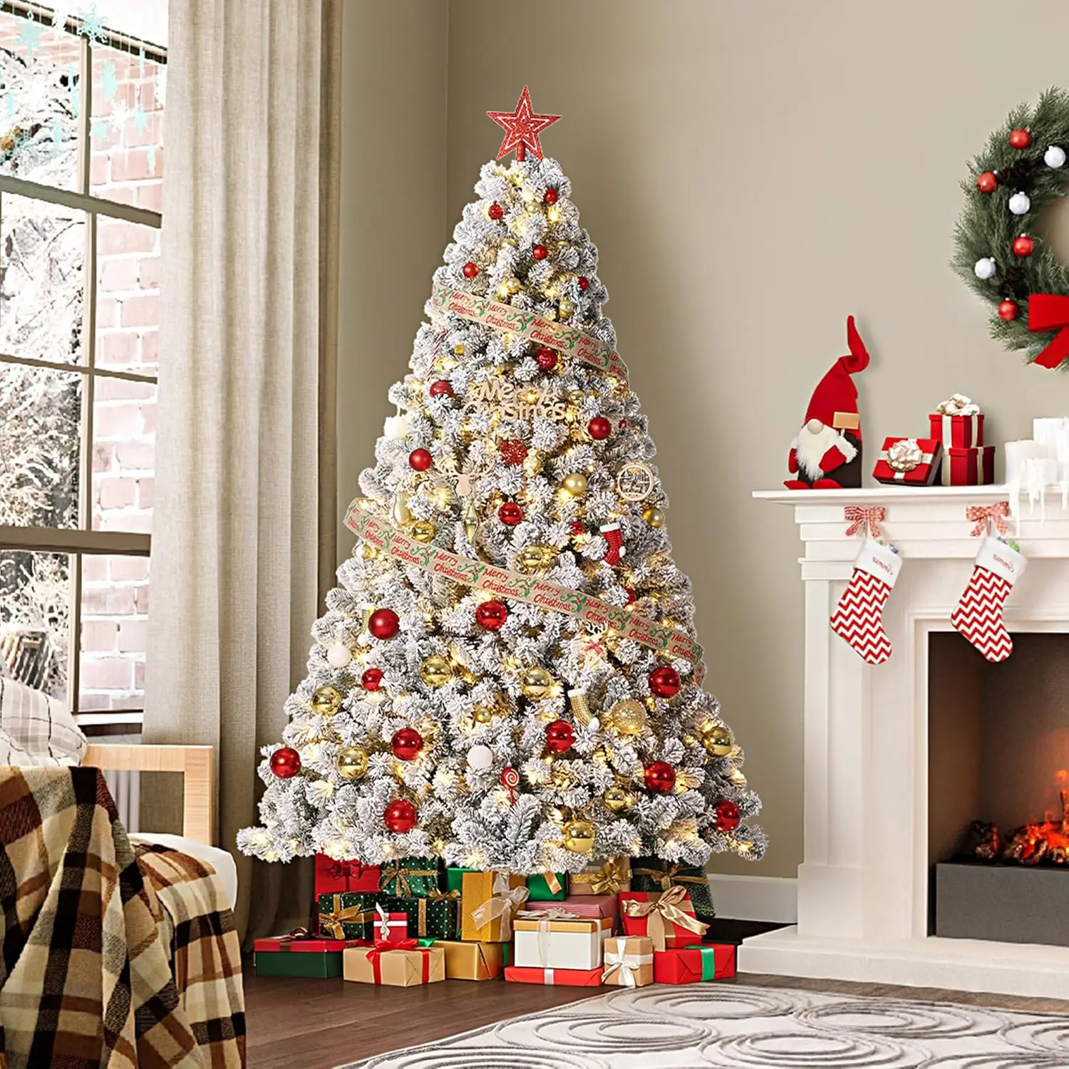 7.5FT Pre-Lit Flocked Christmas Tree with 450 Warm White LED Lights – Realistic Snow-Kissed Artificial Tree with Metal Stand & Hinged Branches