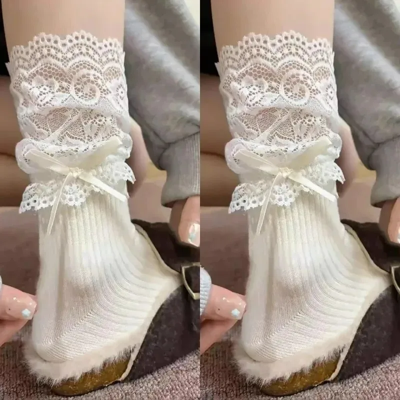 Lolita Women Harajuku Retro Lace Patchwork Mid Tube Calf Socks JK Frilly Ruffle Cotton Princess Girls Soft Wedding White Socks
