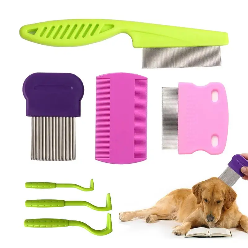Pet Flea Comb 7pcs Metal Flea Brush Flea Lice Removal Brush Stainless Steel Comb Deworming Opening Knots Dog Cat Grooming Comb