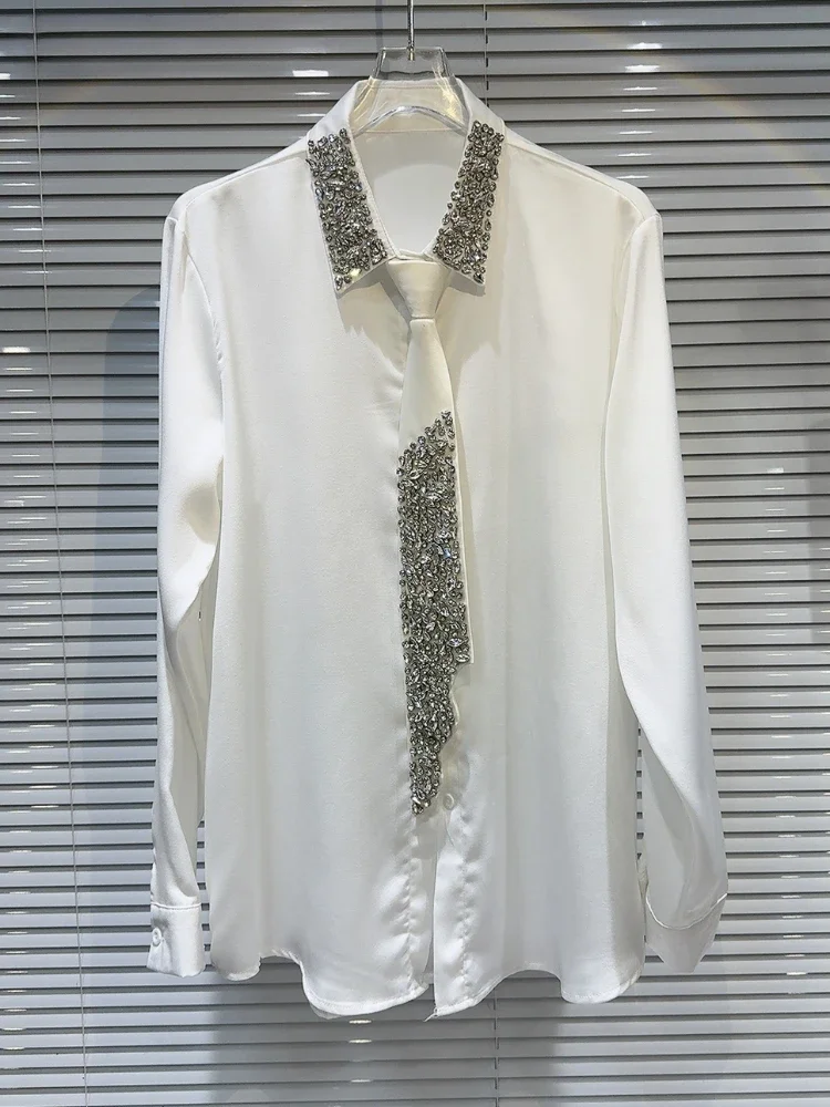 

Новинка 2024, блузка с бусинами в стиле Heavy Industry, Женская Весенняя Новая блузка с воротником-поло, черные рубашки с длинным рукавом для женщин