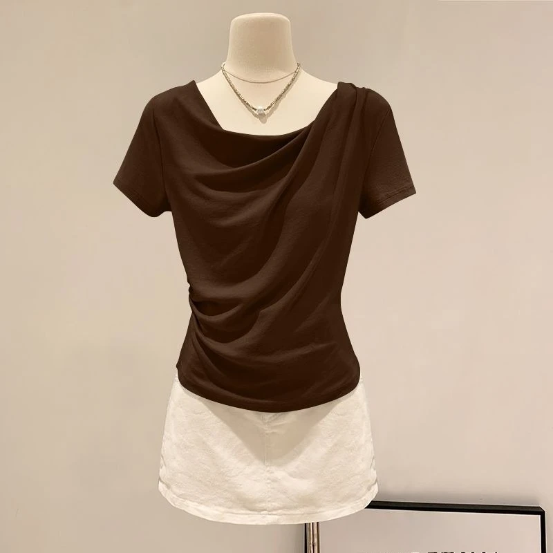 Summer Off Shoulder Top Women Summer Fashion Versatile Base Shirt Plus Size Slim Fit Short-sleeved T-shirt Casual and Sexy Beach 4