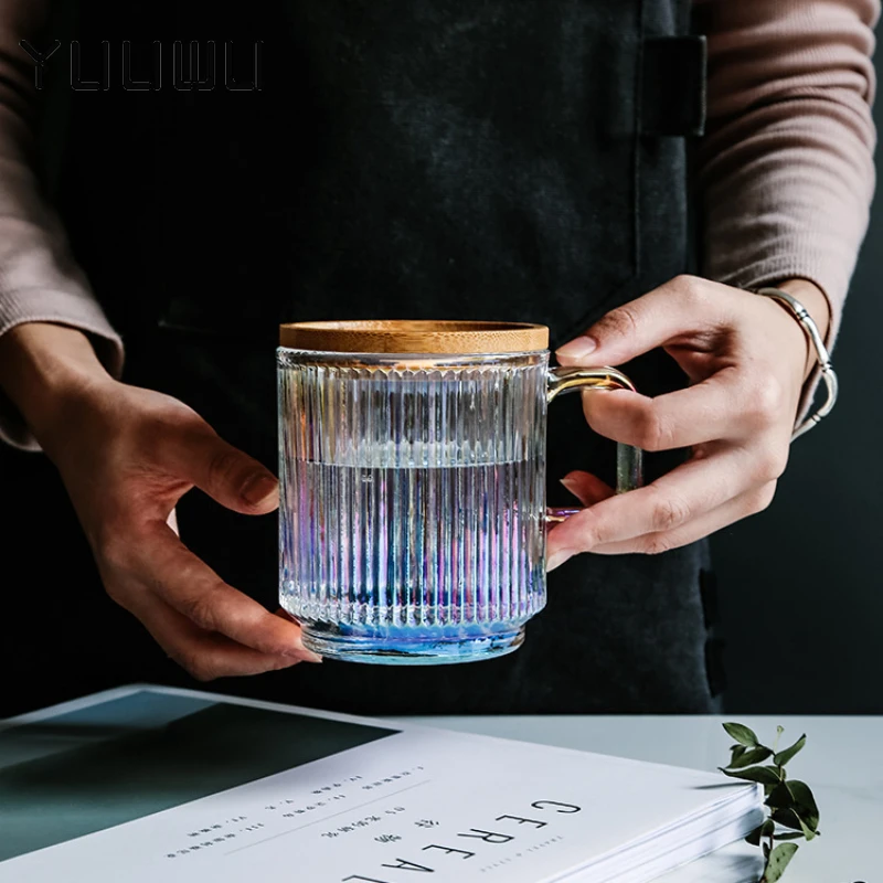 Striped Glass Mug Clear Glass Teacup with Handle High Temperature Milk  Coffee Water Cup Drinkware Glass Cups Bamboo Lid