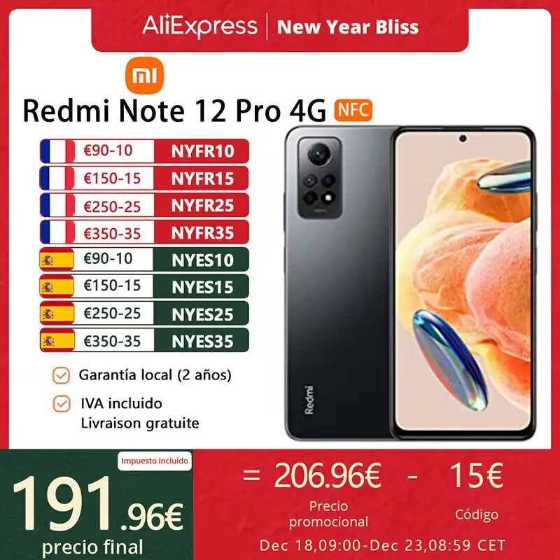 Xiaomi Redmi Note 12 Pro 4G,NFC,Edición Global，Snapdragon® 732G，CPU de ocho núcleos，Cámara de 108MP，6.67 pulgadas FHD + pantalla de puntos AMOLED, 120Hz,Carga rápida de 67W