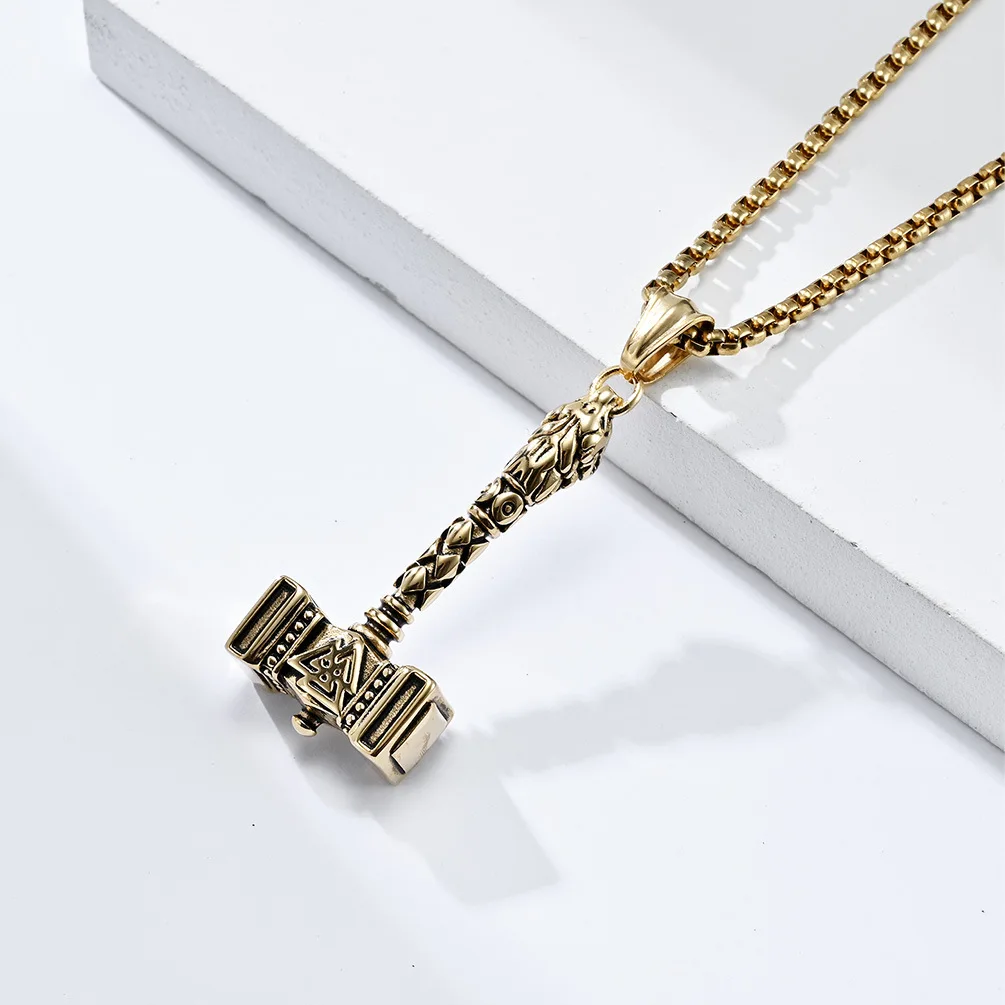 Fashion Vintage Jewelry Nordic Viking Odin Thor's Hammer Design Pendant Beaded Chain Stainless Steel Necklaces for Men