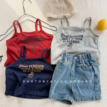2025 Estate Nuovi Bambini T-shirt senza maniche Ragazze Lettera Stampa Sling Vest Bambino Cotone Traspirante Top Sottile Tee Abbigliamento per bambini 1