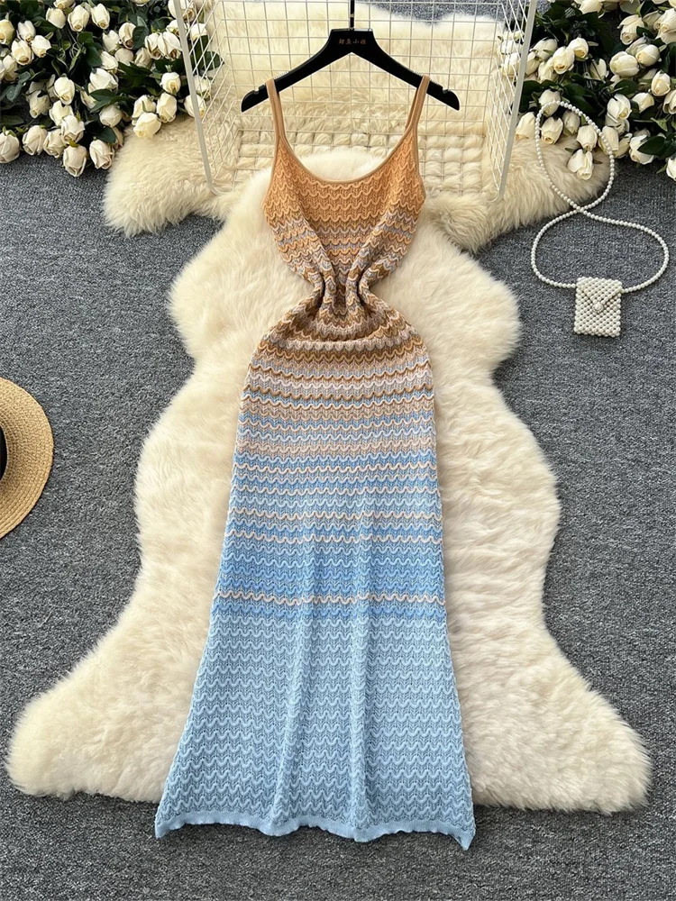 Wmstar Women Dresses Halter Knitted New in Summer 2025 Korean Bodycon Hugging Patchwork Casual Slip Long Dress New Style 2025