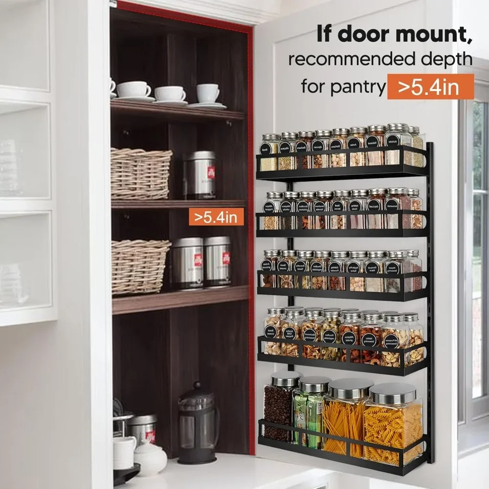 Wall Mount Spice Rack Organizer 5 Tier Height-Adjustable Hanging Spice Shelf Storage for Kitchen Pantry Cabinet