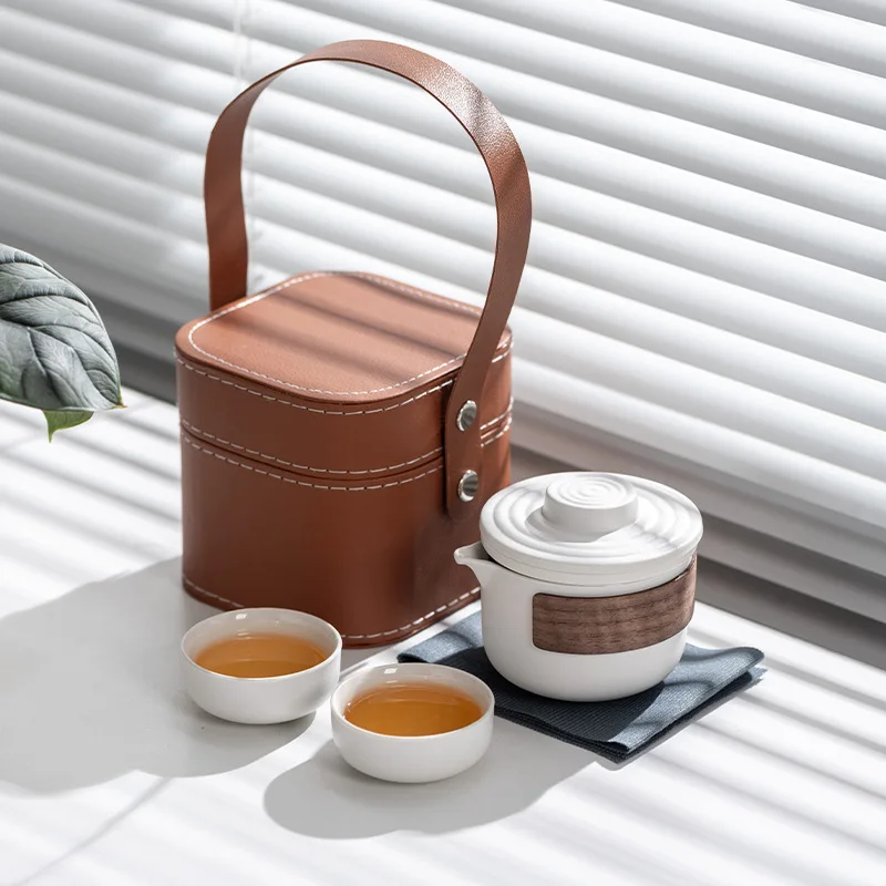 Travel Tea Set, Ceramic Quick Cup Portable One Pot and Two Cups