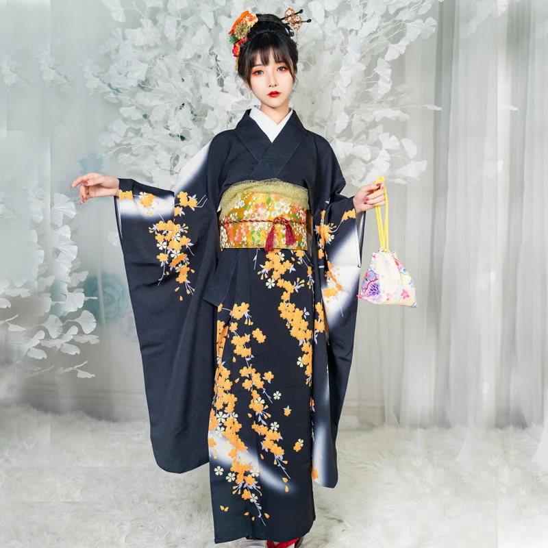 

Women's Japanese Traditional Kimono with Obi Long Sleeve Floral Prints Formal Yukata Set Cosplay Costume Photography Retro Dress