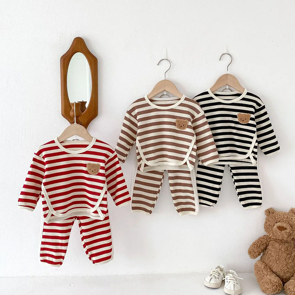 Autumn Kids Waffle Striped Hoodies Casual Outfit